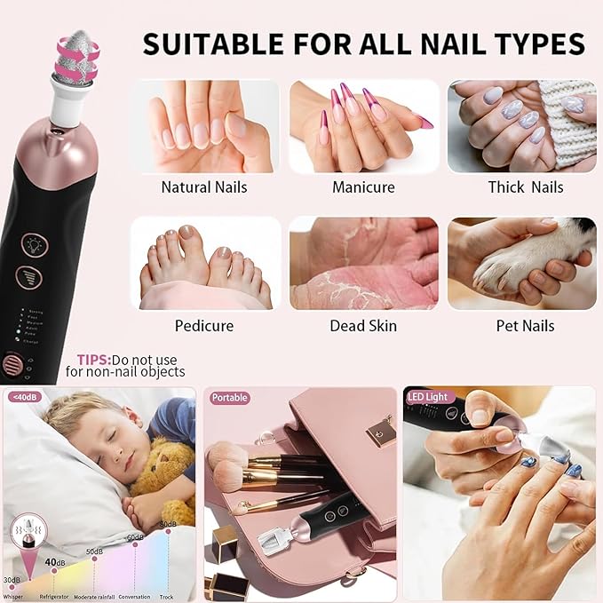 Professional Manicure Pedicure Kit, Cordless Electric Nail File Set, Rechargeable Pedicure Tools for feet, 5 Speeds Hand Foot Care Nail Drill for Thick Nail Toenail Cuticle Women Men Baby Pets