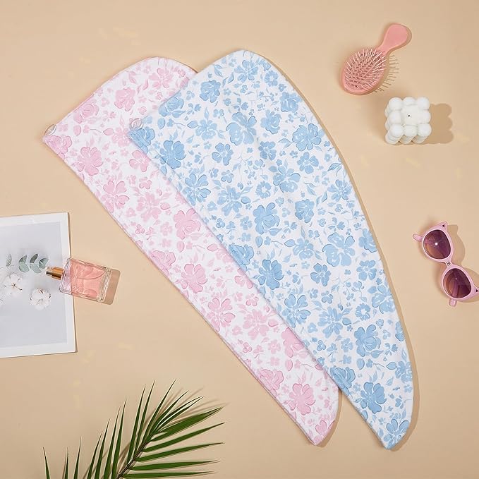 Unicorn Castle Microfiber Hair Towel for Kids 2Pack Hair Wrap Towels Absorbent Hair Drying Towel Wrap Hair Turbans for Curly Thick Hair,Pink Blue Flower