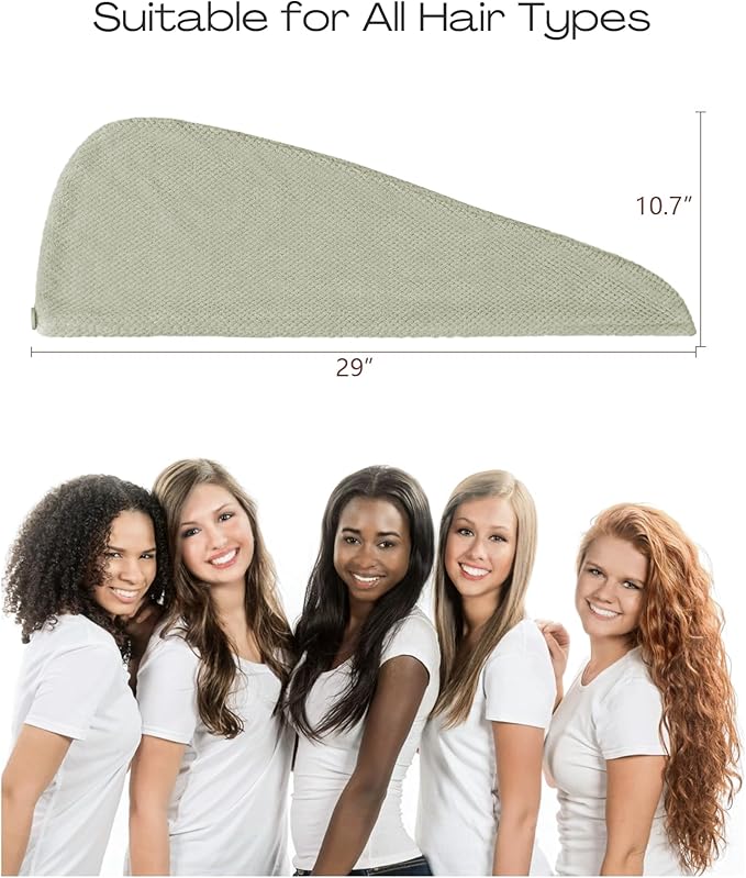 ROLSHOL Extra Large 4 Pack Microfiber Hair Towel Wrap for Women Super Absorbent & Quick Dry Hair Drying Towels with Button, Hair Turbans for Curly Hair Long & Short Hair - Anti-Frizz (green pinstripe)