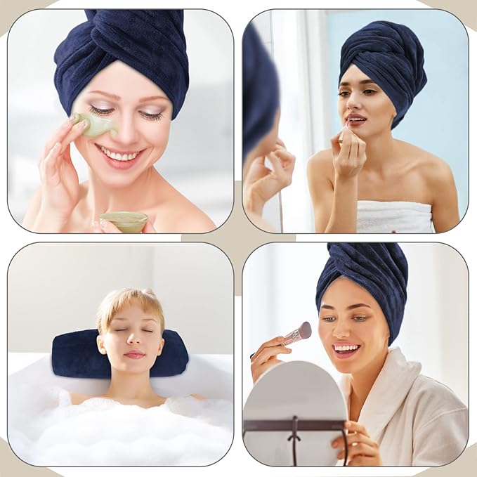 SUNLAND Microfiber Hair Towels Anti Frizz Hair Drying Towel Super Absorbent Fast Drying Turbans for Wet Curly Hair Soft Hair Towel Wrap with Elastic Band for All Hair Types 40 X 20 inches Navy Blue