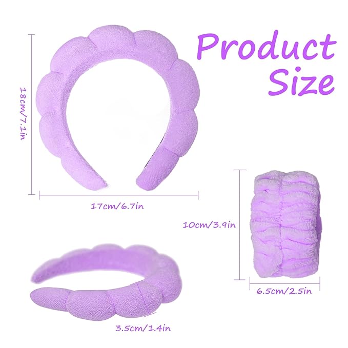 Beleki Spa Headband for Washing and Wristband Set Sponge Headband Women Face Wash Makeup Skincare Non Slip Puffy Headwear Thick Hair Accessories for Women Girls, Purple