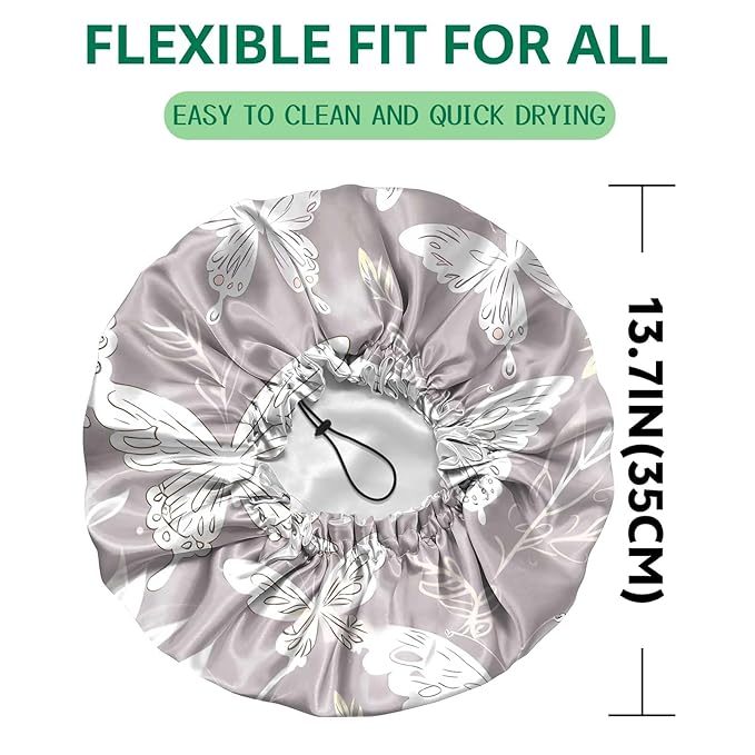 2 PCS Shower Cap Waterproof Double Layer Elastic Adjustable Reusable Hair Bath Caps for Girls Women Cute Aesthetic-Grey