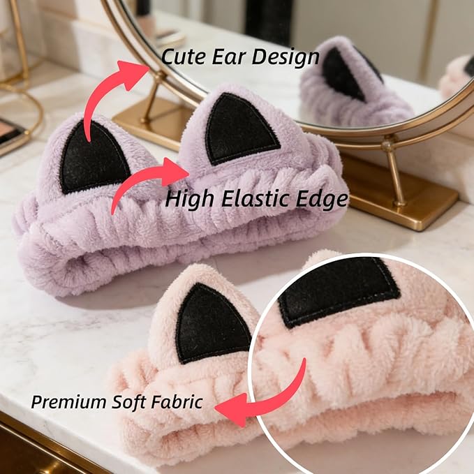 2 PCS Cute Cat Ear Spa Headband For Washing Face, Skincare Makeup Headbands For Women, Soft Coral Fleece Hair Accessories (Pink+Purple)
