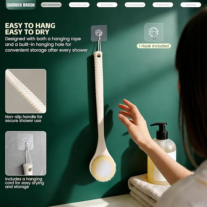 Back Scrubber for Shower, Long Handle Exfoliating Brush, Dual-Sided Bath Brush with Soft Bristles & Volcanic Pumice Stone, Anti-Slip Grip for Men & Women (Light Yellow)