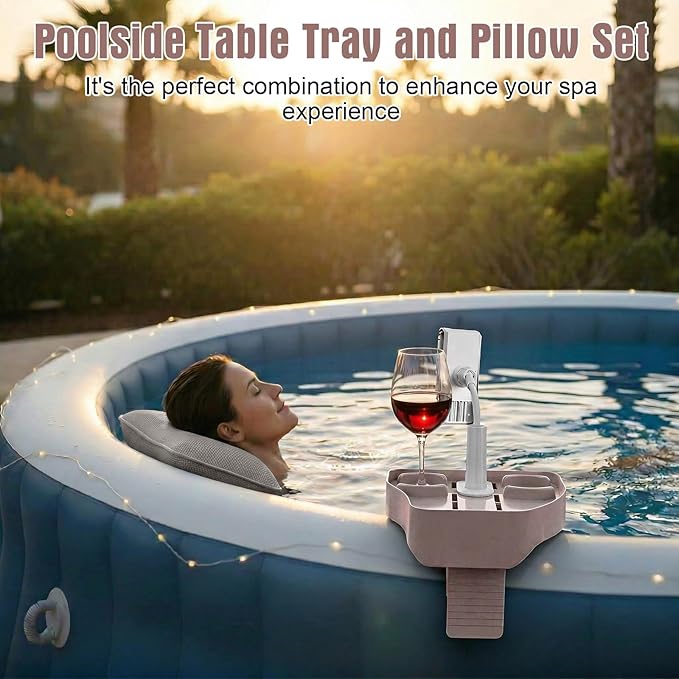 Lewtemi 2 Pcs Hot Tub Table Tray with Adjustable Phone Holder and 2 Cup Holders Bath Pillow Spa Headrest Pillow with Suction Cup Hot Tub Accessories for Outdoor Inflatable Pool
