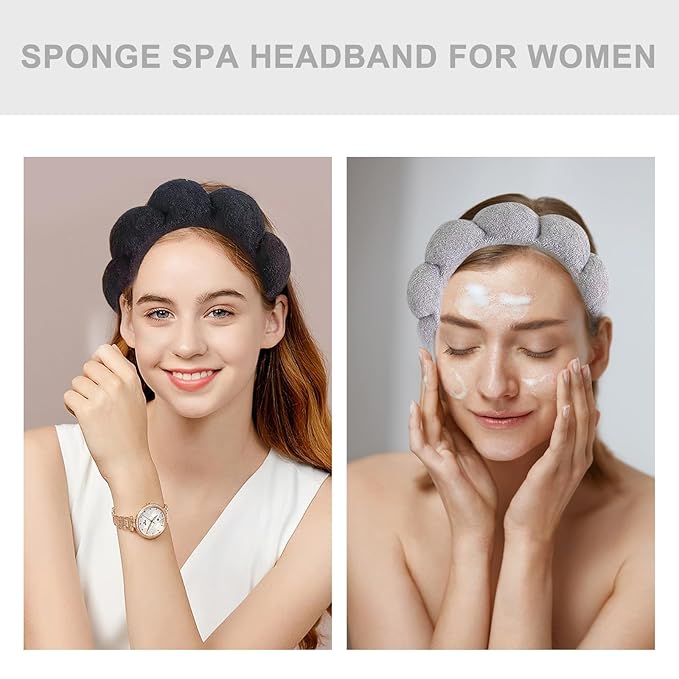 Beleki Spa Headband for Washing Face, Sponge Makeup Skincare Headband & Wristband Set Non Slip Headbands Soft Puffy Headwear Hair Accessories for Women Girls, Black