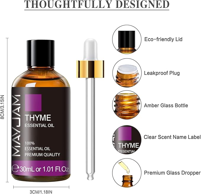 MAYJAM Thyme Essential Oil 30ML, Pure Essential Oils for Massage, Diffusers, Thyme Oil for Soap Candle Making (1.01FL.OZ Bottle)