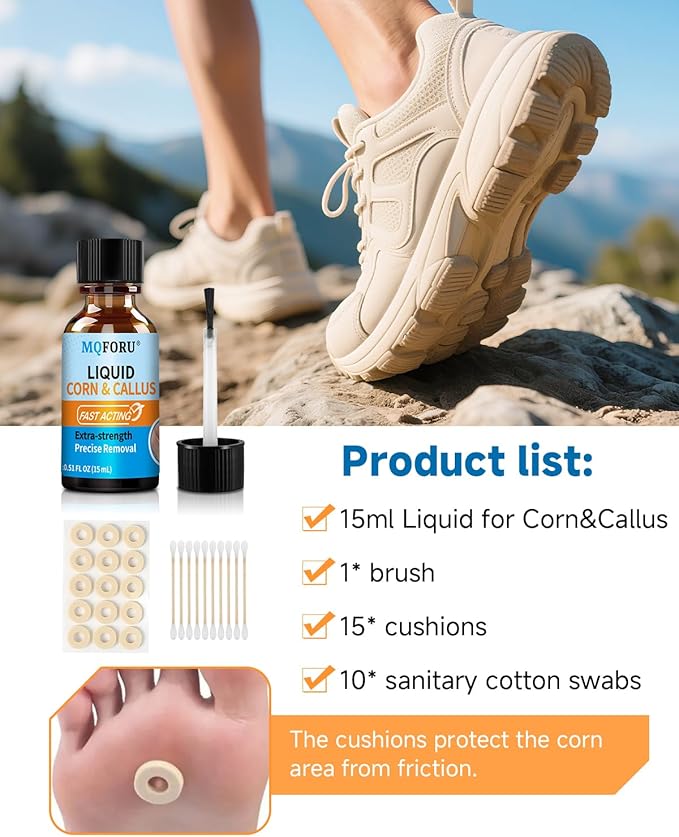 MQFORU Liquid Corn & Callus Removers for Toes & Feet, Extra Strength Corn Removal Fast Acting, 0.5 Fl oz + 15 Corn Cushions + 10 Swabs, Effective Foot Care Solution
