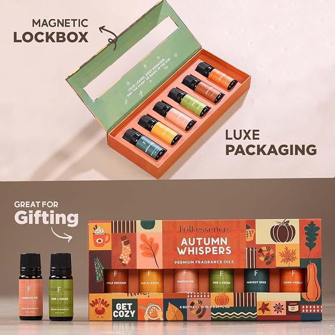 Folkulture Autumn Essential Oils Set | 6 Cozy Fragrance Oils for Diffusers | Pumpkin Spice & Warm Fall Scents | Aromatherapy Oils for Relaxation, Home & Self-Care