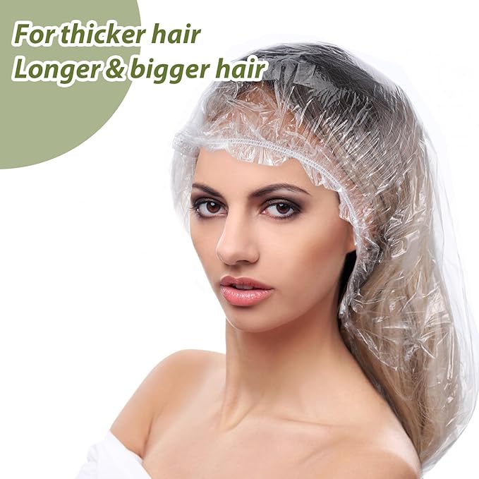 50 Pcs Large Disposable Shower Caps, Waterproof Clear Plastic Shower Cap Elastic Hair Caps for Women Long Hair, Locs, Braids, Disposable Bath Caps for Travel Spa, Hair Salon, Home Use