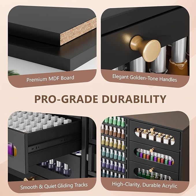 OmySalon Nail Polish Organizer Cabinet with Drawers, 47.2" L Large Nail Salon Storage for Polish & Powder, 7 Clear & 10 Visual Drawers, Wooden Beauty Salon Furniture (Black)