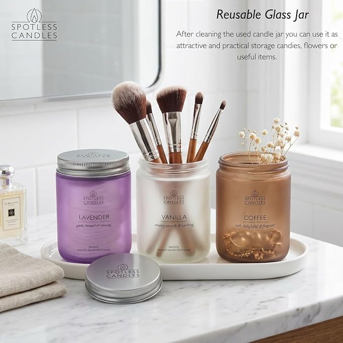 Aromatic Candles Three Pack - 3 x 8 oz Cotton Wick Candles Coloured Fosted Jars - Vanilla, Lavender and Coffee, Classic Candle Set for Men and Women by Spotless Leopard