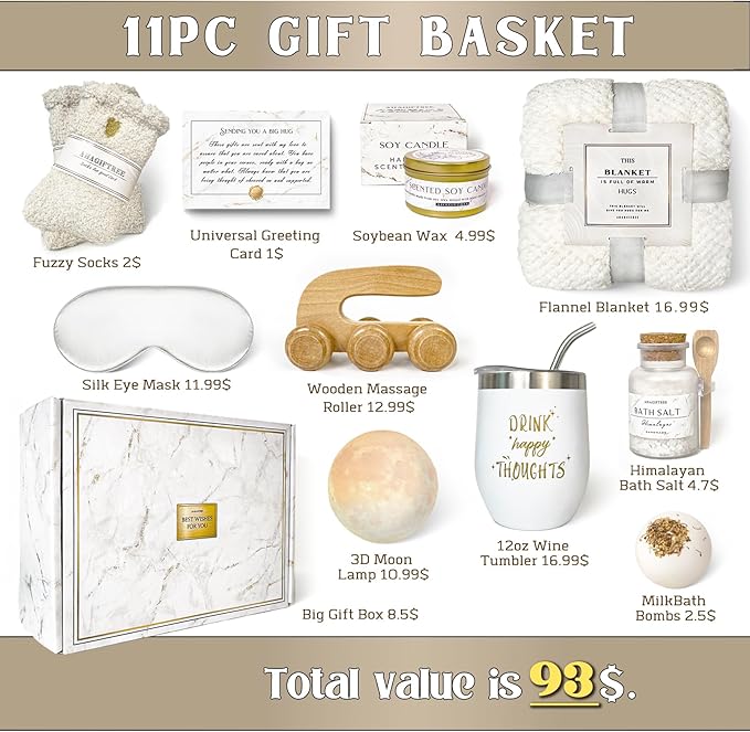 AHAGIFTREE Gift Baskets for Women,11PC Care Package with Moon Lamp,Grief,Get Well Soon After Surgery,Birthday,Think of You,Thank You,Sympathy