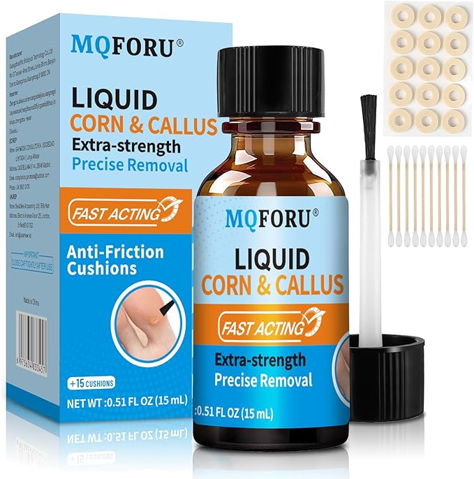 MQFORU Liquid Corn & Callus Removers for Toes & Feet, Extra Strength Corn Removal Fast Acting, 0.5 Fl oz + 15 Corn Cushions + 10 Swabs, Effective Foot Care Solution