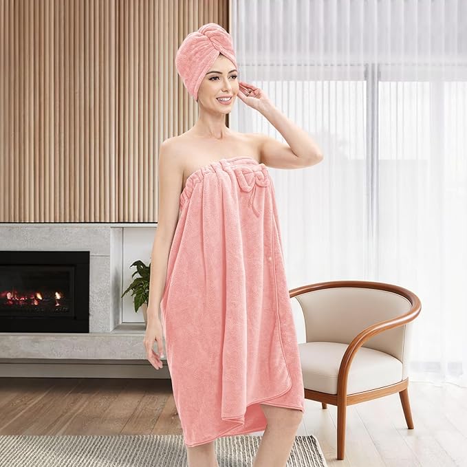Bath Wrap Towels for Women – Adjustable Spa Shower Wrap with Super Absorbent Microfiber, Quick-Dry Body & Hair Towel Set for Home, Hotel, Beach, Pool, Gym, Travel (Pink, L - XL)