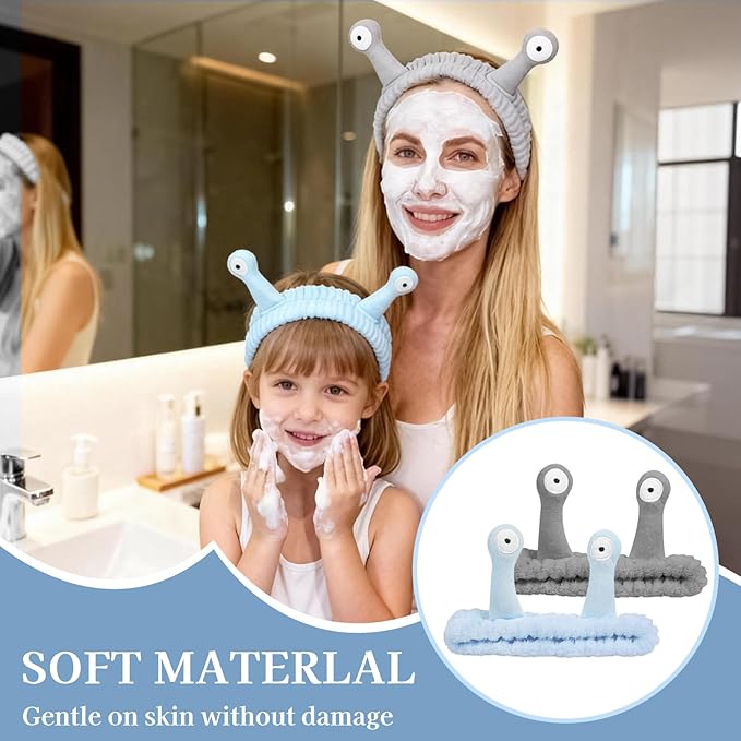 Snail Face Wash Headband Skincare & Wrist Bands for Washing Face Set Cute Spa Headband for Women and Wrist Faces Wash Bands for Shower, Facial Cleaning, Soft Coral Fleece Makeup Headbands,Blue ＆ Gray