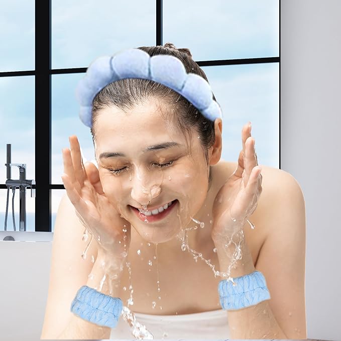 Beleki Spa Headband for Washing Face, Sponge Makeup Skincare Headband & Wristband Set Non Slip Headbands Soft Puffy Headwear Hair Accessories for Women Girls, Blue