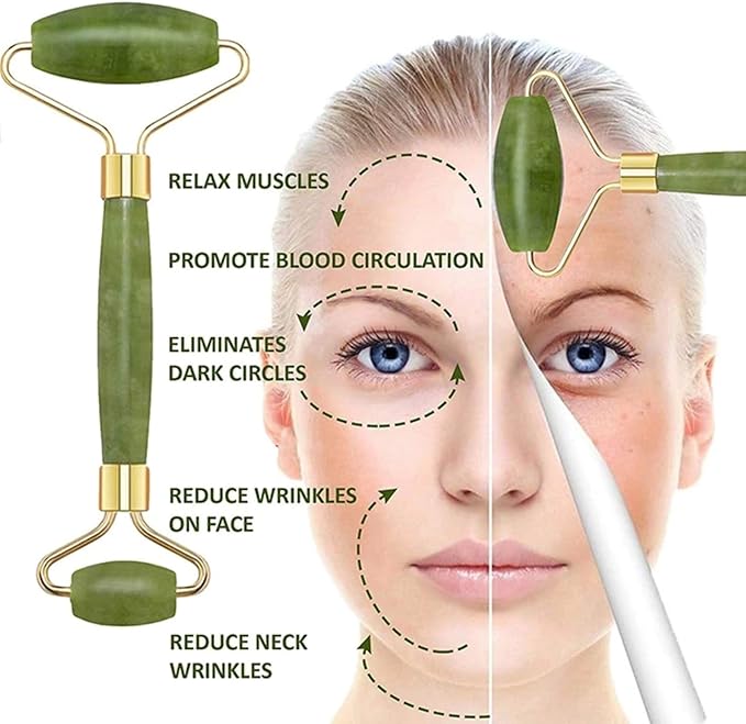 Premium Jade Roller with Gua Sha Set, Natural Green Jade Stone, Gold Metal Handle, Face Massage Tool for Facial Sculpting, Puffiness Reduction, Skin Tightening