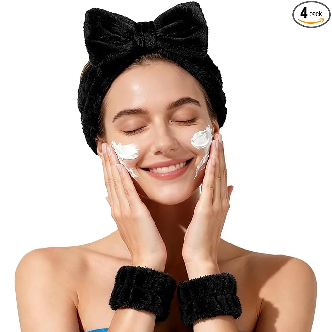Fmeida Skincare Headband, Spa Headband for Washing Face,Wrist Bands and Hair Tie Black
