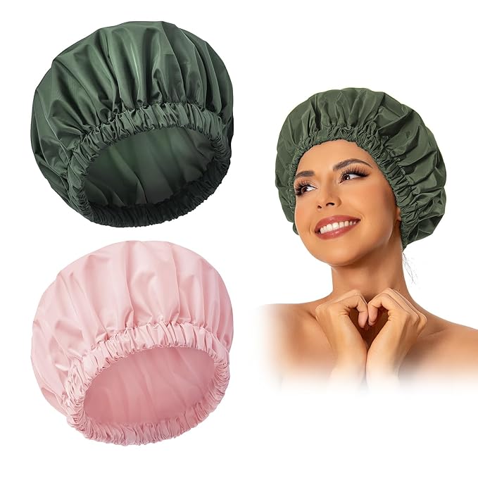 Reusable Shower Cap for Women, Large Waterproof Shower Bonnet with Elastic Band, Washable Bath Hair Cap for Long, Curly Hair, Braids, Daily Shower, Home Spa, Travel(Pink&Green)