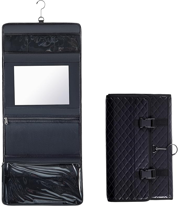 Travel Hanging Toiletry Bag with Mirror Leather Travel Hanging Mirror Foldable Dance Competition Makeup Bag Backstage Cosmetic Organizer for Traveling Dancers Spa(Classic,Black)