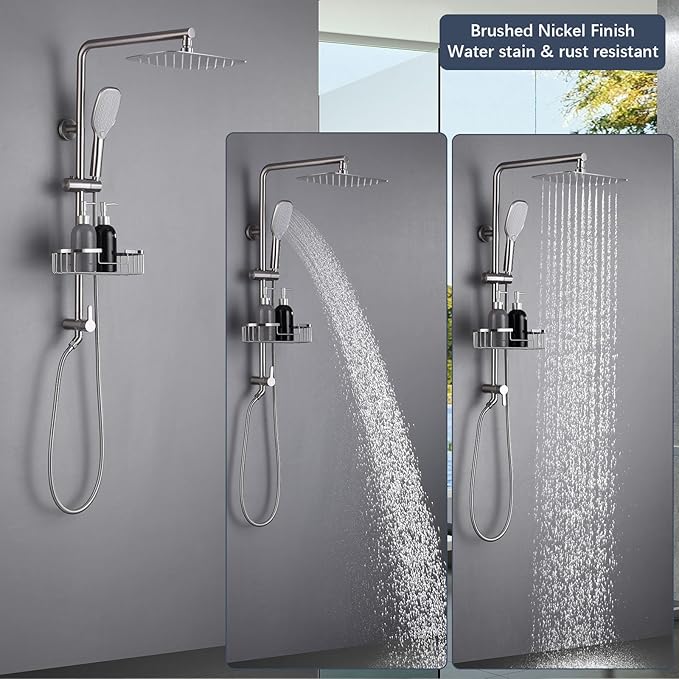 SonTiy Rain Shower Head with Handheld Spray and Shower Shelf, All Metal Shower System Kit with Hand Shower, Height Adjustable Holder and Brass Diverter for Whole Family, 1.8GPM,Brushed Nickel