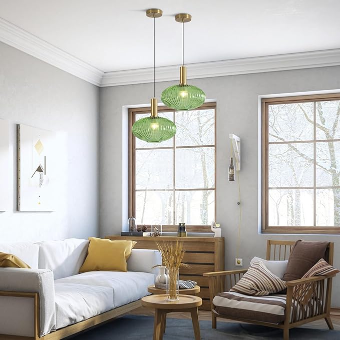 KCO Lighting Modern Gold Globe Pendant Light Black Green Glass Bathroom Fixture Adjustable Brass Round Lights Kitchen Island Large Farmhouse Ceiling (L1143-G)