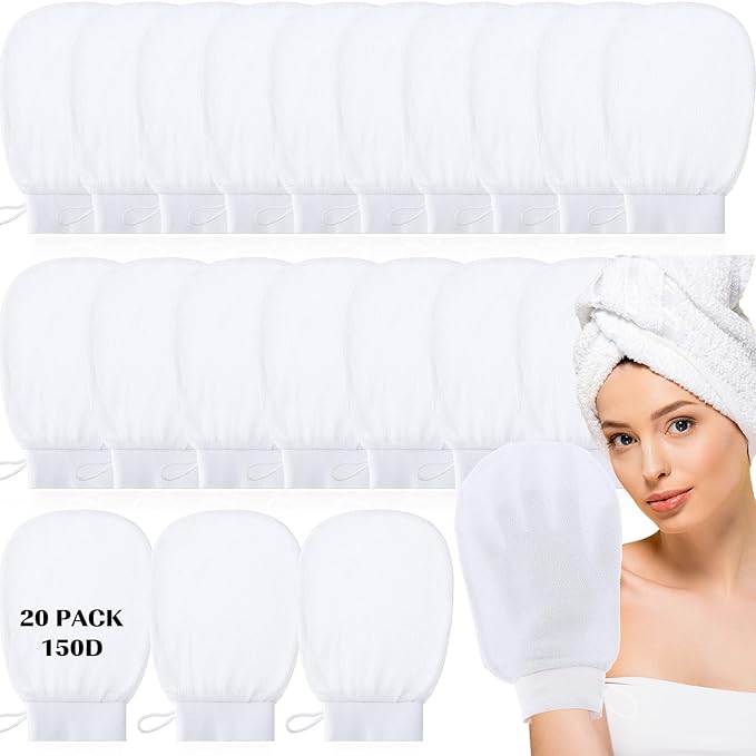 FoldTier 20 Pcs Exfoliating Glove Bulk Summer Exfoliator Mitt Body Scrubber 150d Viscose Fiber Skin Korean Scrub Mitt for Spa Massage Dead Skin Remover for Men and Women(20 Pcs,White)