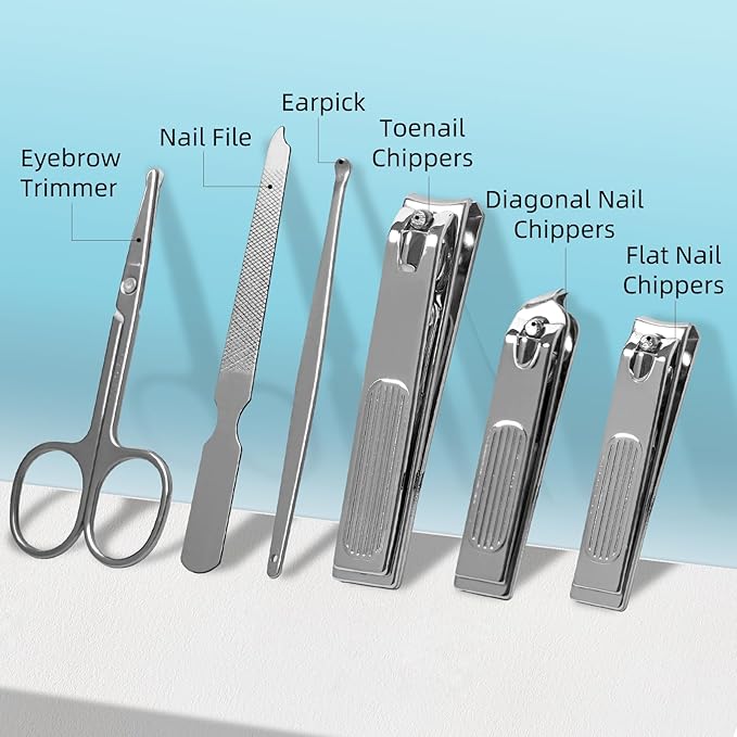 Premium Stainless Steel Nail Clippers Set - Travel Grooming Kit, 10pc Manicure/Pedicure Tools with PU Case - Unisex Gift for Men and Women(C-Grey)