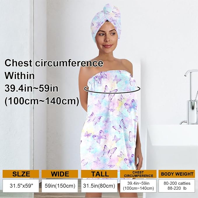 Women's Butterfly Print Towel Wrap and Hair Drying Cap Set – Pastel Microfiber Shower Wrap – Quick Dry Spa, Dorm, Travel Gift for Her
