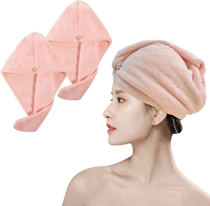 Microfiber Towel Wrap for Women (2 Pack) - Fast Drying Towel for Wet Hair, Plush, Fluffy and Soft, Ideal for Curly Hair, Microfiber Wrap for Shower Salon Head Care (Pink)