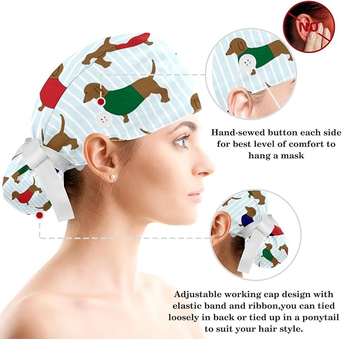 Ethnic Aztec Pattern Adjustable Scrub Cap Hat with Button, Working Hat Sweatband with Bow Hair Scrunchy for Woman