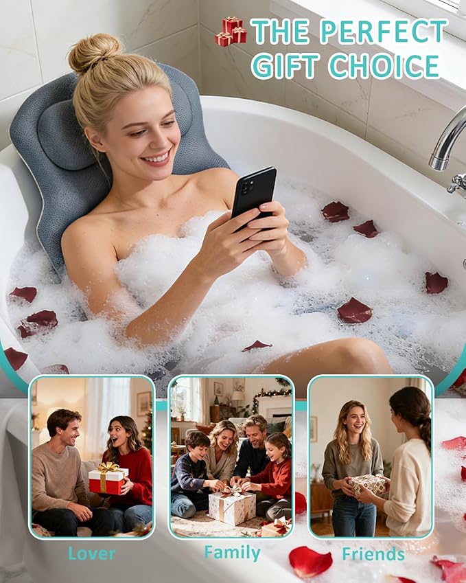 Full Body Bath Pillow for Bathtub, 5D Thick Tub Pillow for Bathtub with 192 Non-Slip Suction Cups, Laundry Bag & Hook, Bathtub Pillow for Head, Neck & Back Support (Misty Blue, 51"*15")