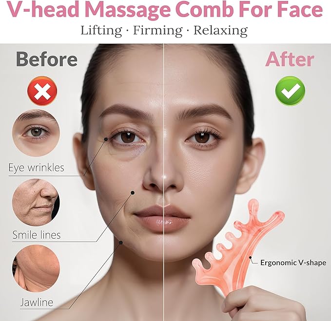 4 in 1 Gua Sha Facial Tool & V-Line Face Mask, Self Care Gifts for Women 2Pcs: Pink Massage Comb for Face Neck Body Eye & Lilac Chin Strap for Sleeping, Scalp Massager, V Line Lifting Mask Set