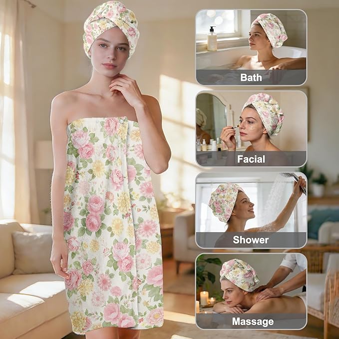 Absorbent Bath Towel Wrap Set for Women, Vintage Flower Print Towel Wrap After Shower, Microfiber Shower Robe Body Towel Wraps for Women, Quick Dry Hair Towels Wraps for Spa Hotel Beach Girl