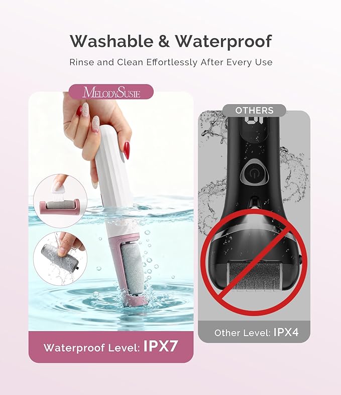 MelodySusie Electric Callus Remover for Feet, PC800G IPX7 Waterproof Rechargeable Pedicure Tool with LED Light & 3 Grits Roller Heads & Adjustable Speeds, for Dead Skin & Cracked Heel, White Rose