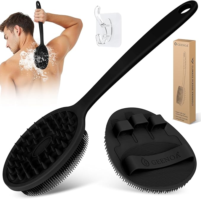 Silicone Back Scrubber & Bath Glove Set 2PCS, 13.4'' Gentle Shower Back Scrubber with Dual-Side Head Non-Slip Handle, 360° Anti-Slip Hand-fit Bath Glove for Rich Foaming Deep Cleaning(Black)