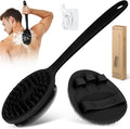 Silicone Back Scrubber & Bath Glove Set 2PCS, 13.4'' Gentle Shower Back Scrubber with Dual-Side Head Non-Slip Handle, 360° Anti-Slip Hand-fit Bath Glove for Rich Foaming Deep Cleaning(Black)