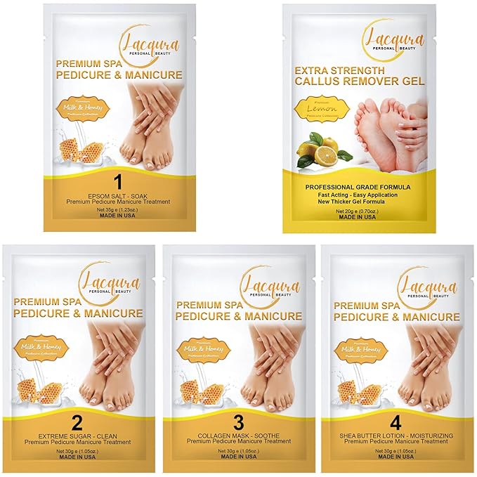 Deluxe Pedicure Kit 5 Step Spa Set – Epsom Salt Soak, Callus Remover Gel, Sugar Scrub, Collagen Mask & Shea Butter Lotion – Professional At Home Foot Care (Milk & Honey, 03 Sets)