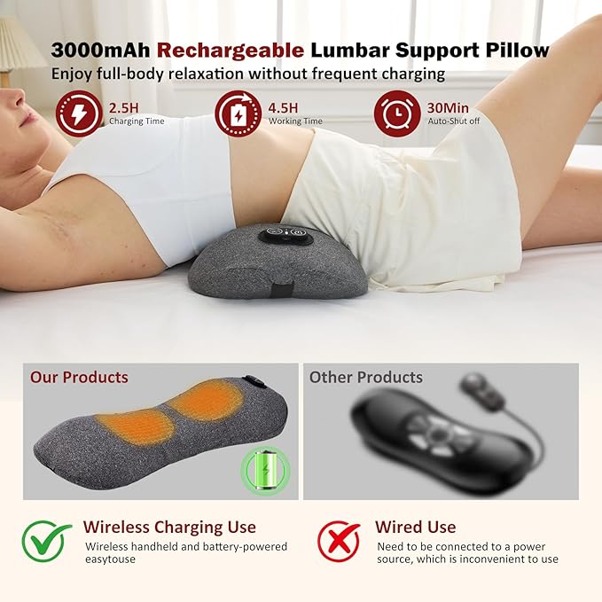 3-in-1 Rechargeable Smooth Triple Fusion Back Massager with Heat, Vibration, Traction, Electric Lumbar Support Pillow for Sleeping, Office, Car, Home