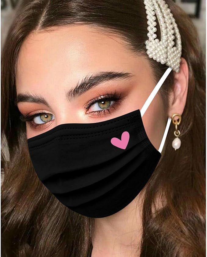 50pcs Cute Disposable Face Masks, Pink And Black Masks with Hearts Printed, 3-Ply Full Face Protection for Women Teen Girls