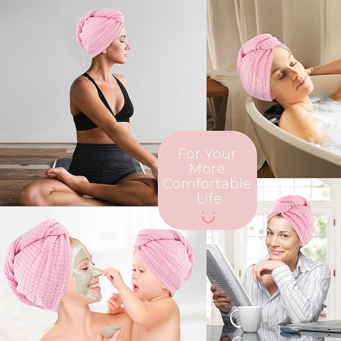 MaopaoBeauty Microfiber Hair Towel - Waffle Drying Hair Wrap (2 Packs, 10.6x27.5inch, Pink)