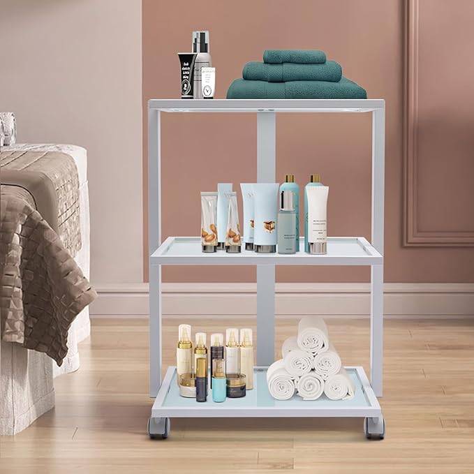 3-Tier Salon Rolling Trolley Cart, Stand Tray Rolling Cart with Wheel Storage Spa Salon Equipment Machine Organizer Stand Tray Treatment Beauty Trolley Cart for Bathroom, Laundry, Bedroom