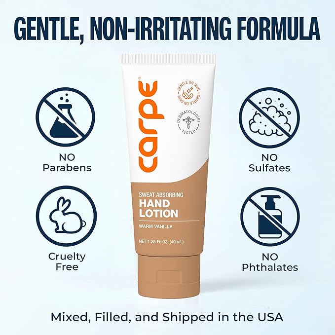 Carpe Sweat Absorbing Hand Lotion, A dermatologist-recommended, smooth lotion that helps stop hand sweat, Great for hyperhidrosis (Warm Vanilla)