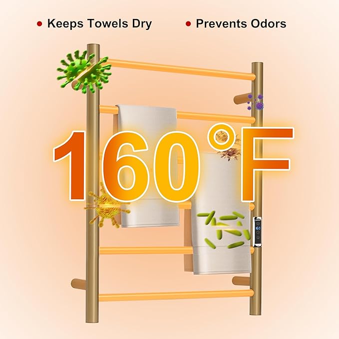 Heated Towel Racks for Bathroom, Wall Mounted Electric Towel Warmer Racks with Timer & Temperature Control, 6 Bar Stainless Steel Towel Heater for Bathroom, Brushed Gold, Plug-in
