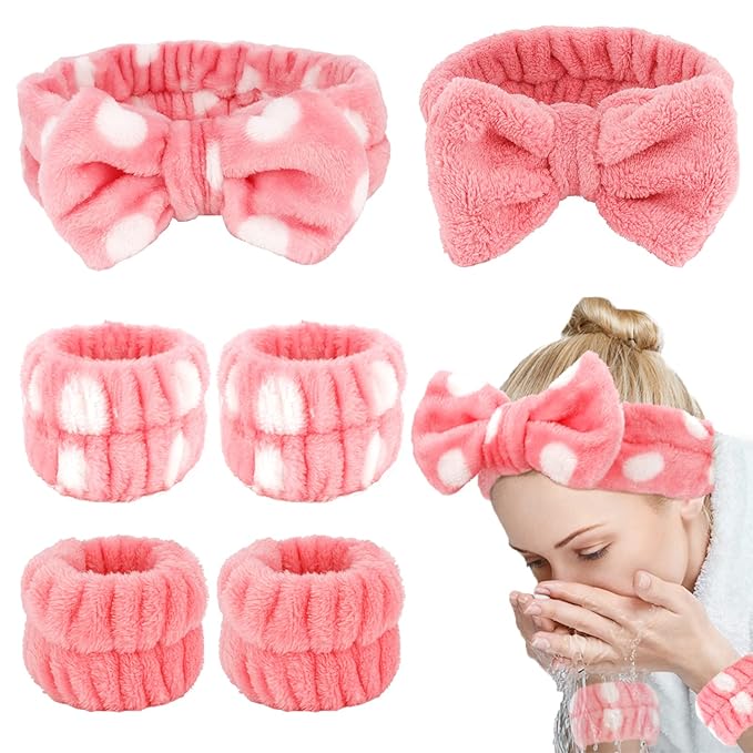 WHAVEL 6PCS Spa Headband and Wristbands Set, Face Wash Headband Wrist Bands for Washing Face Makeup Skincare Hair Band Skin Care Accessories Tools
