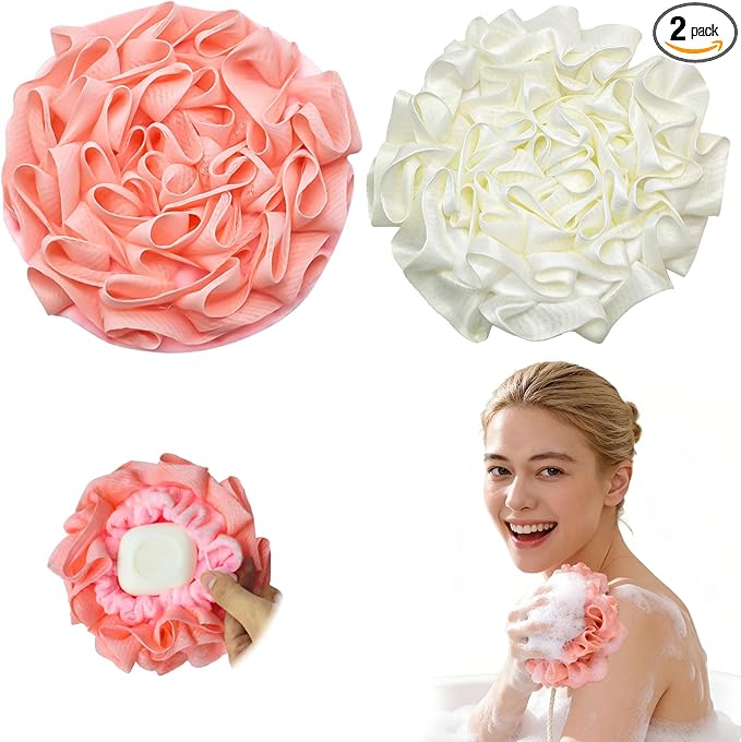 2-Pack Loofah Washcloth Combo 2-in-1, Exfoliating Soap Saver Pouch with Bar Soap Pocket, Reusable Shower Sponge for Body Wash & Smooth Skin, (Pink + White)