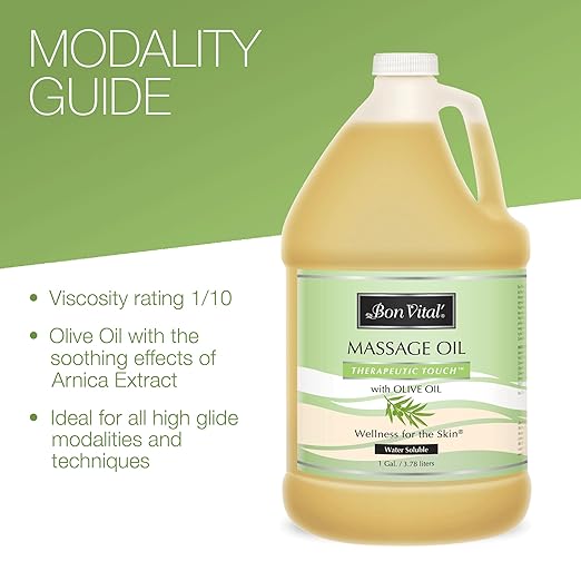 Bon Vital' Therapeutic Touch Massage Oil, 1-Gallon Bottle, Unscented Massage Oil for Massage Therapy With Olive Oil, Lightweight Non-Greasy Formula, Professional-Grade for Dry Skin and Sore Muscles