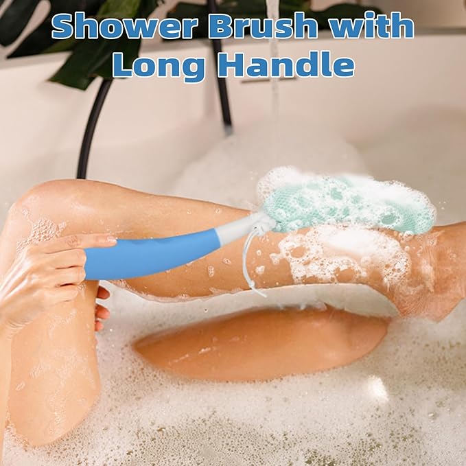 Back Scrubber for Shower，Mesh Sponge Body Shower Brush with Long Handle for Use in Shower Back Scrubber,Back Scrub for Exfoliating Body Scrubber or Shower Brush (Green and Green)