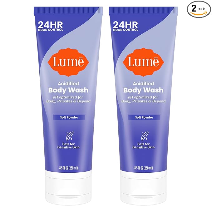 Lume Acidified Body Wash for 24 Hour Odor Control - Removes Odor Better than Soap - Hydrating Formula - Formulated without SLS or Parabens - Safe for Sensitive Skin - 8.5 Ounce - 2 Pack (Soft Powder)